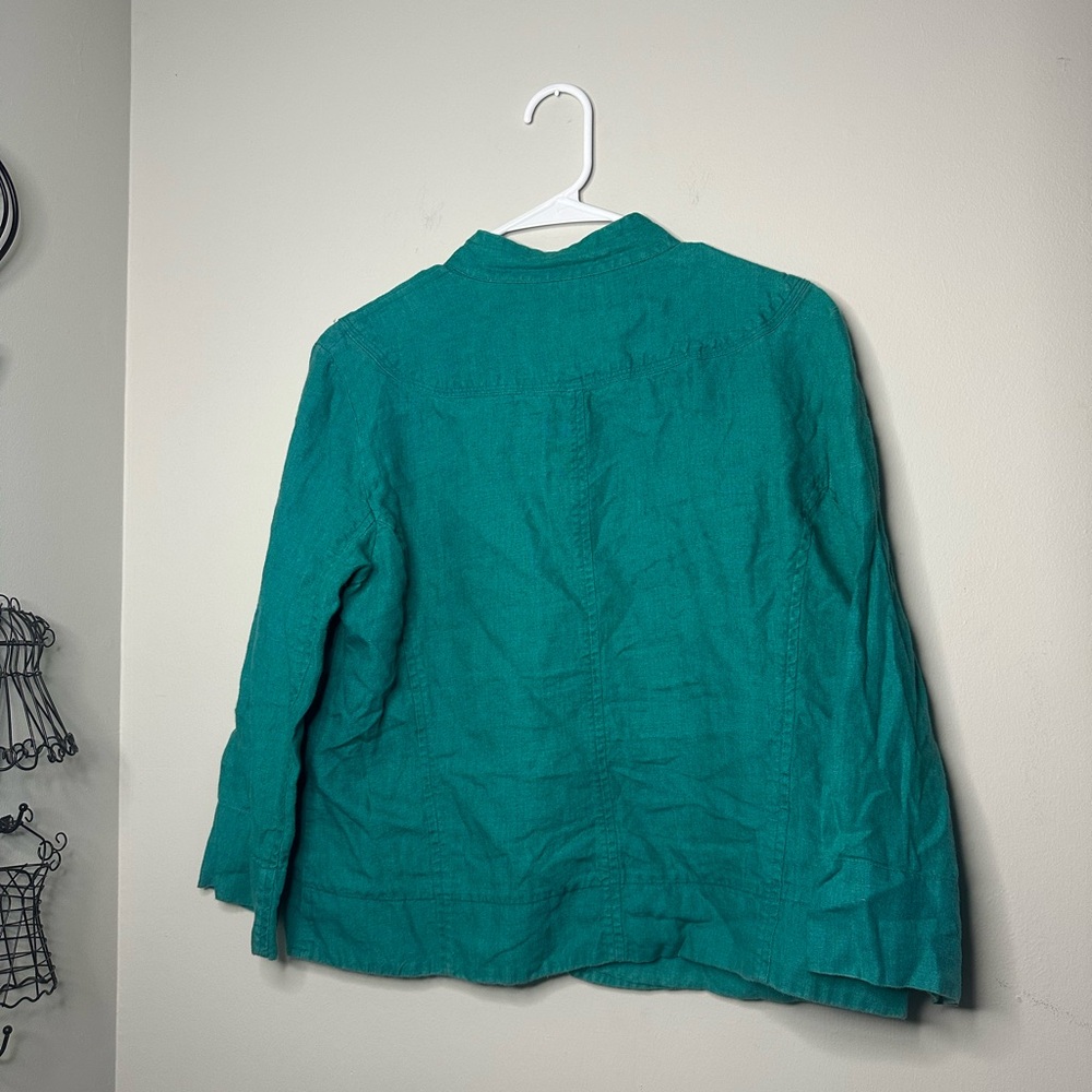 Chicos Women’s 100% Delave Linen Sibley Jade Color Button Down 3/4 Sleeve Jacket - Picture 5 of 6